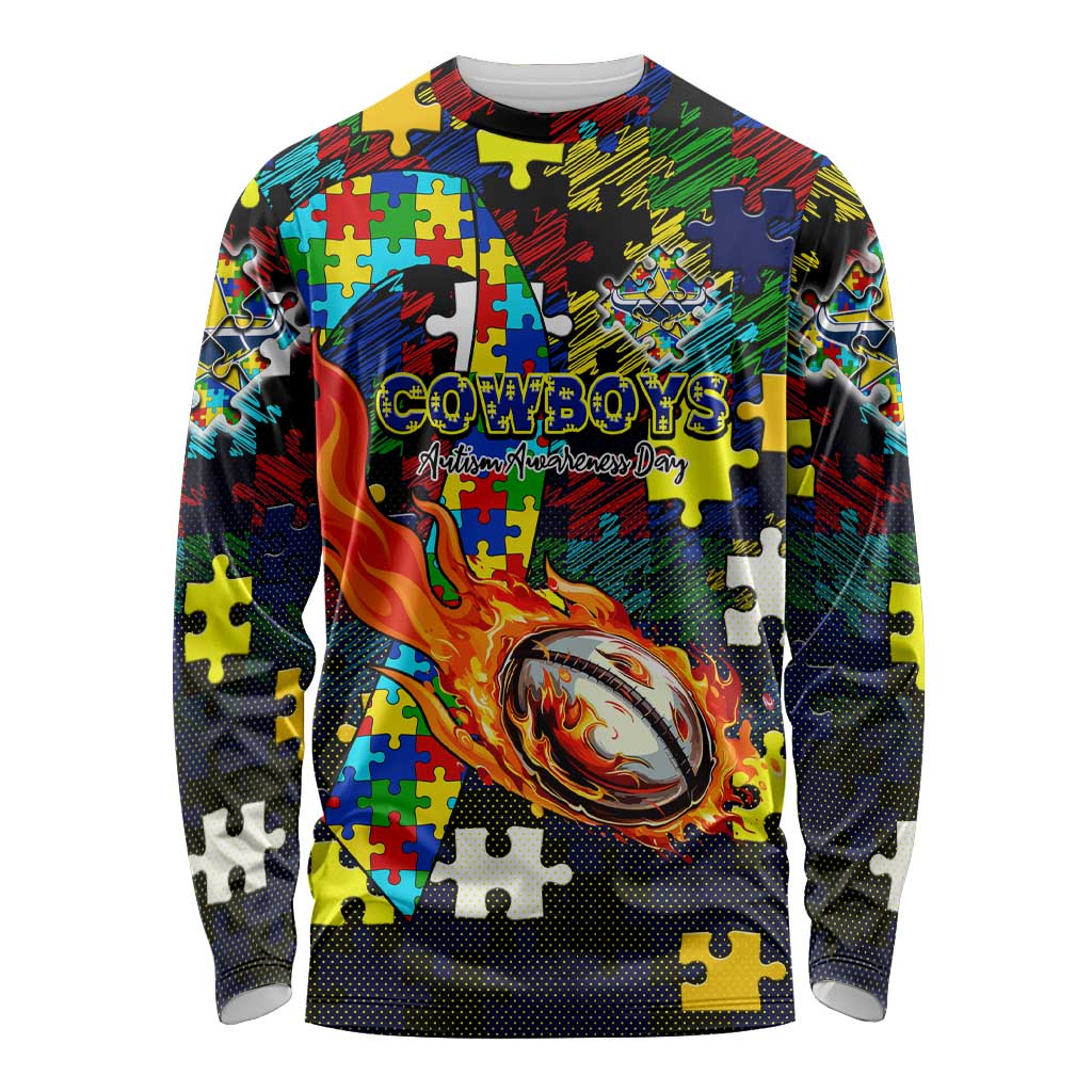 Cowboys Autism Awareness Long Sleeve Shirt Puzzle Flames Rugby Ball