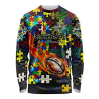 Cowboys Autism Awareness Long Sleeve Shirt Puzzle Flames Rugby Ball