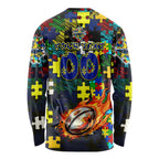 Cowboys Autism Awareness Long Sleeve Shirt Puzzle Flames Rugby Ball