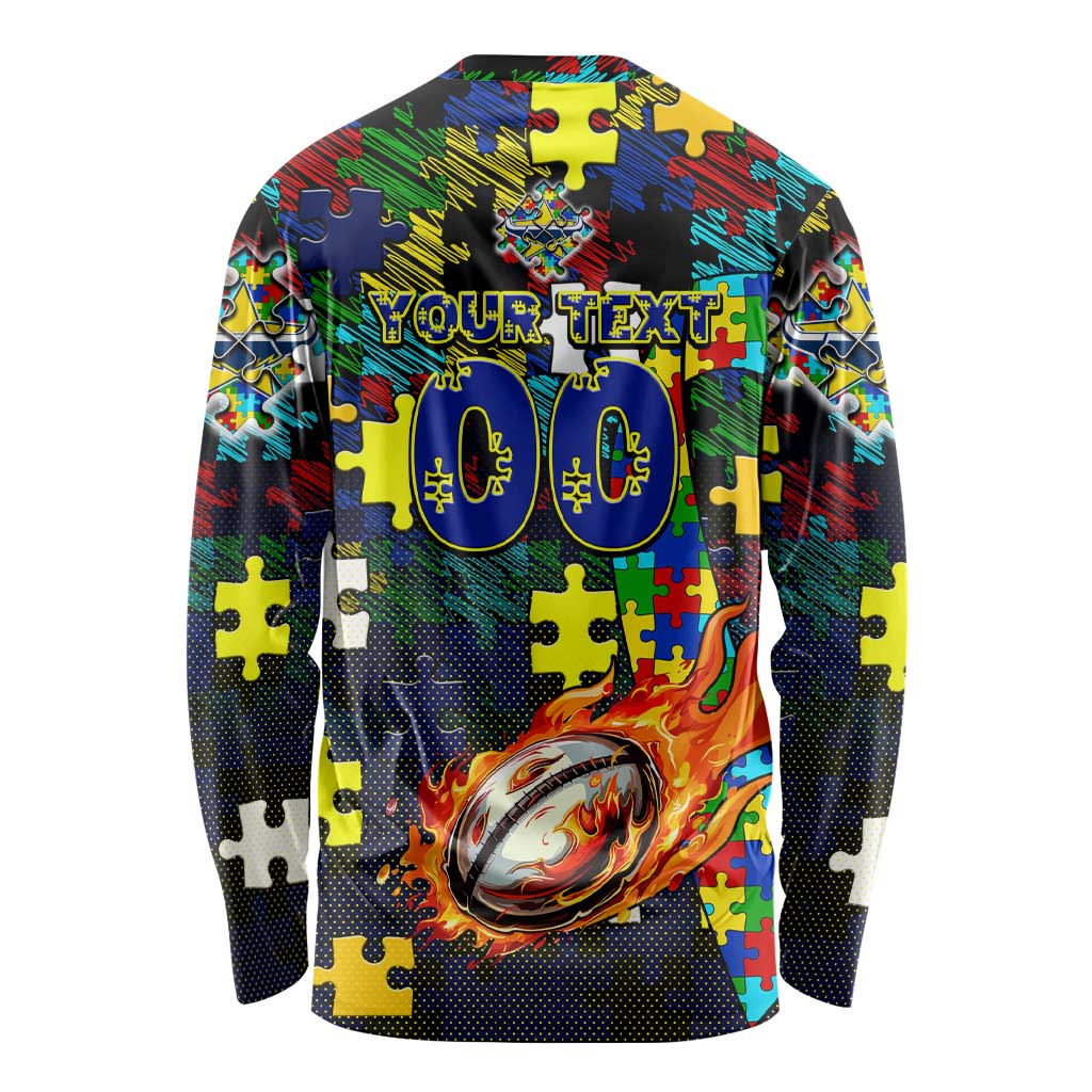 Cowboys Autism Awareness Long Sleeve Shirt Puzzle Flames Rugby Ball