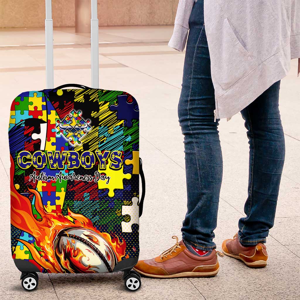 Cowboys Autism Awareness Luggage Cover Puzzle Flames Rugby Ball