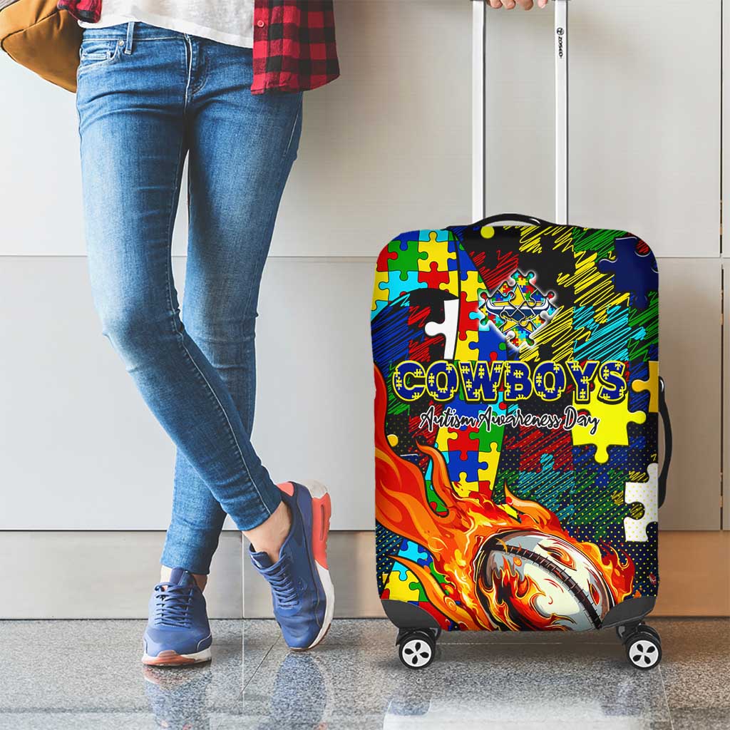Cowboys Autism Awareness Luggage Cover Puzzle Flames Rugby Ball
