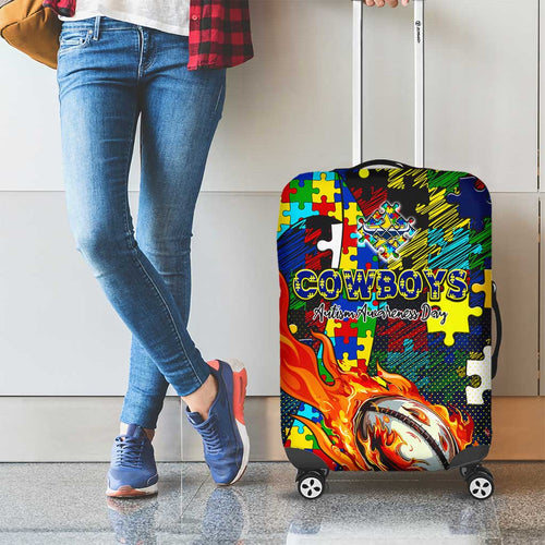 Cowboys Autism Awareness Luggage Cover Puzzle Flames Rugby Ball