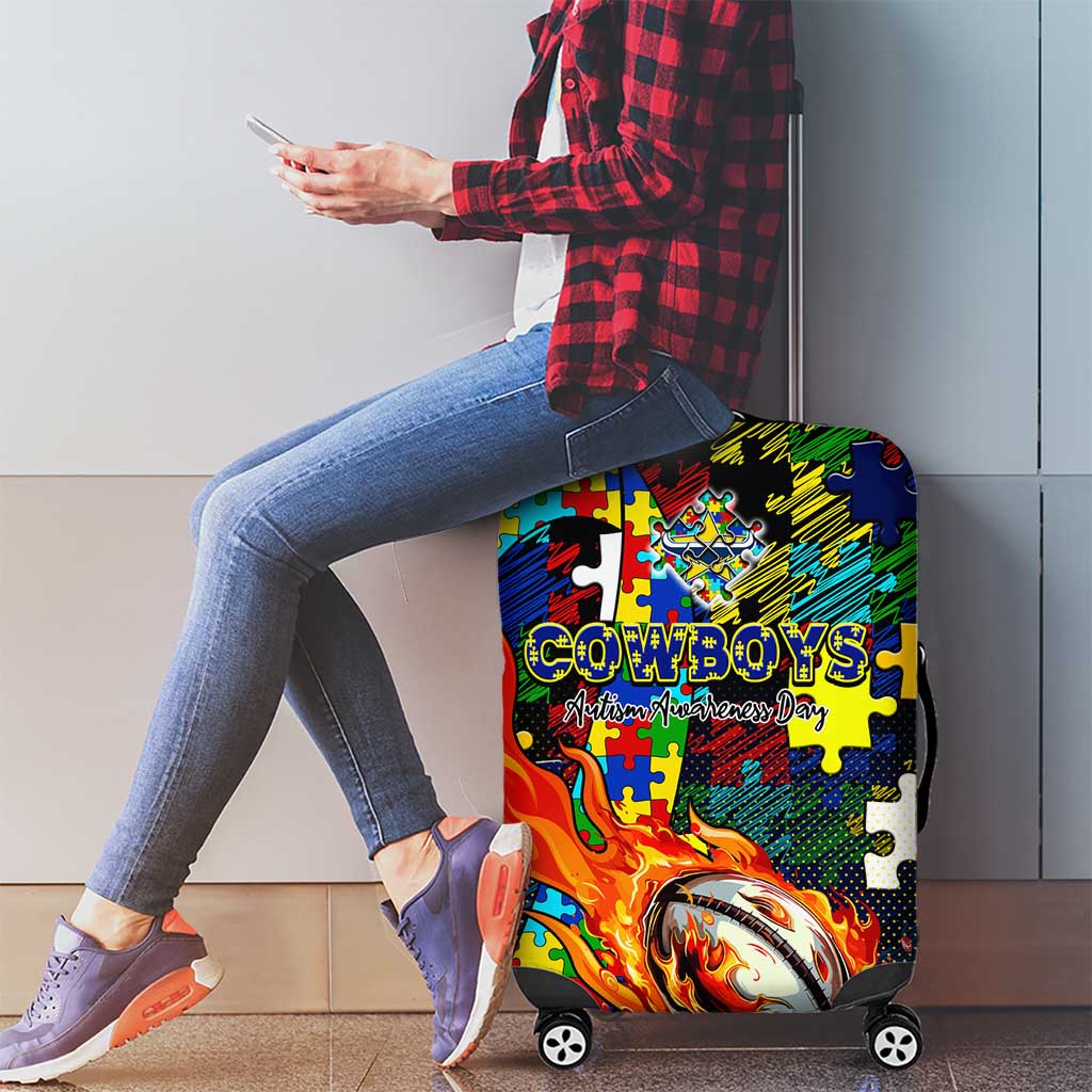 Cowboys Autism Awareness Luggage Cover Puzzle Flames Rugby Ball