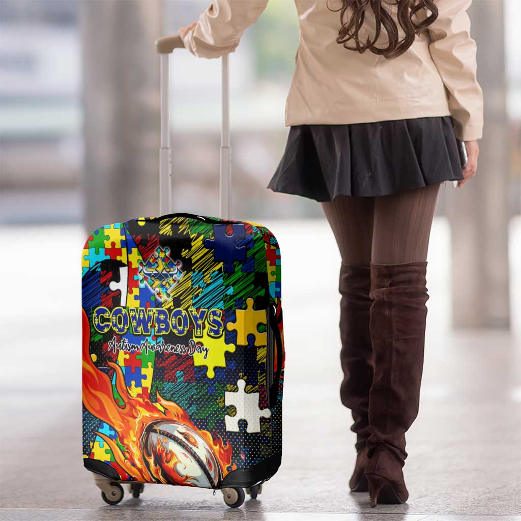 Cowboys Autism Awareness Luggage Cover Puzzle Flames Rugby Ball