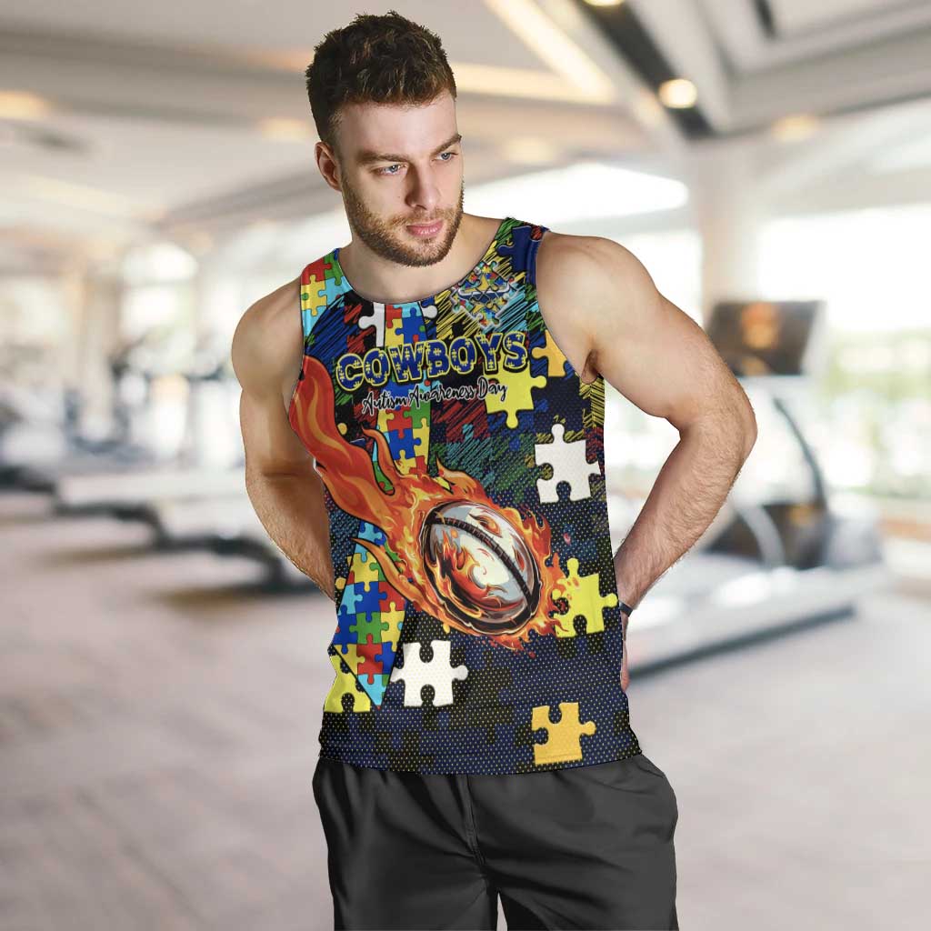 Cowboys Autism Awareness Men Tank Top Puzzle Flames Rugby Ball