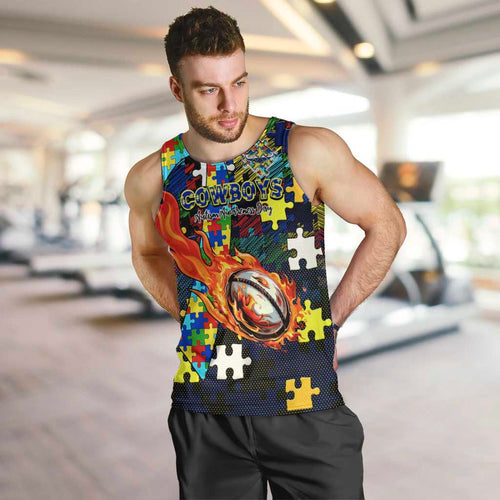 Cowboys Autism Awareness Men Tank Top Puzzle Flames Rugby Ball