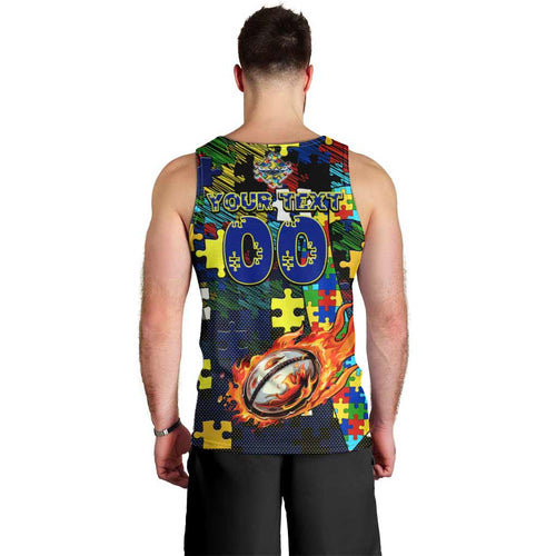 Cowboys Autism Awareness Men Tank Top Puzzle Flames Rugby Ball