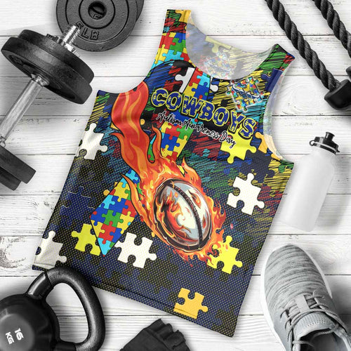 Cowboys Autism Awareness Men Tank Top Puzzle Flames Rugby Ball