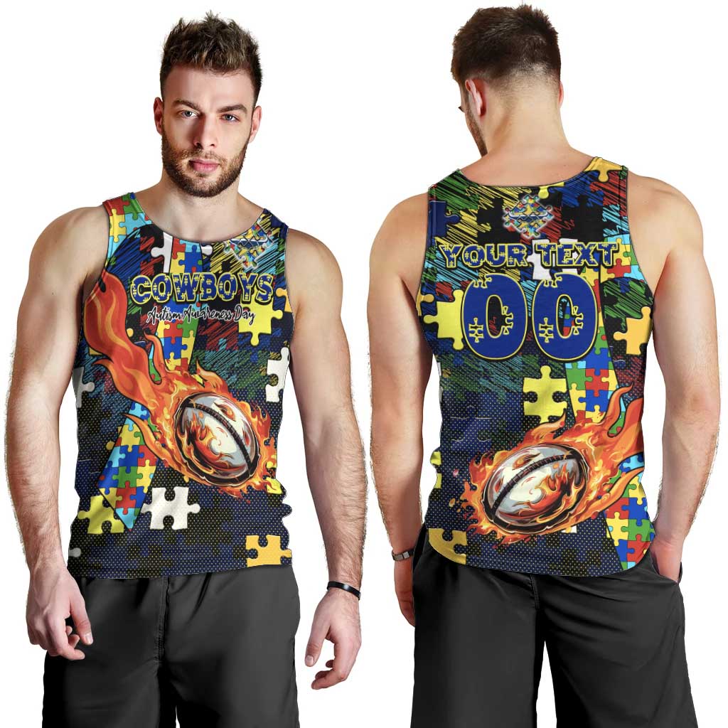 Cowboys Autism Awareness Men Tank Top Puzzle Flames Rugby Ball