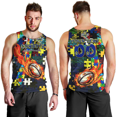 Cowboys Autism Awareness Men Tank Top Puzzle Flames Rugby Ball