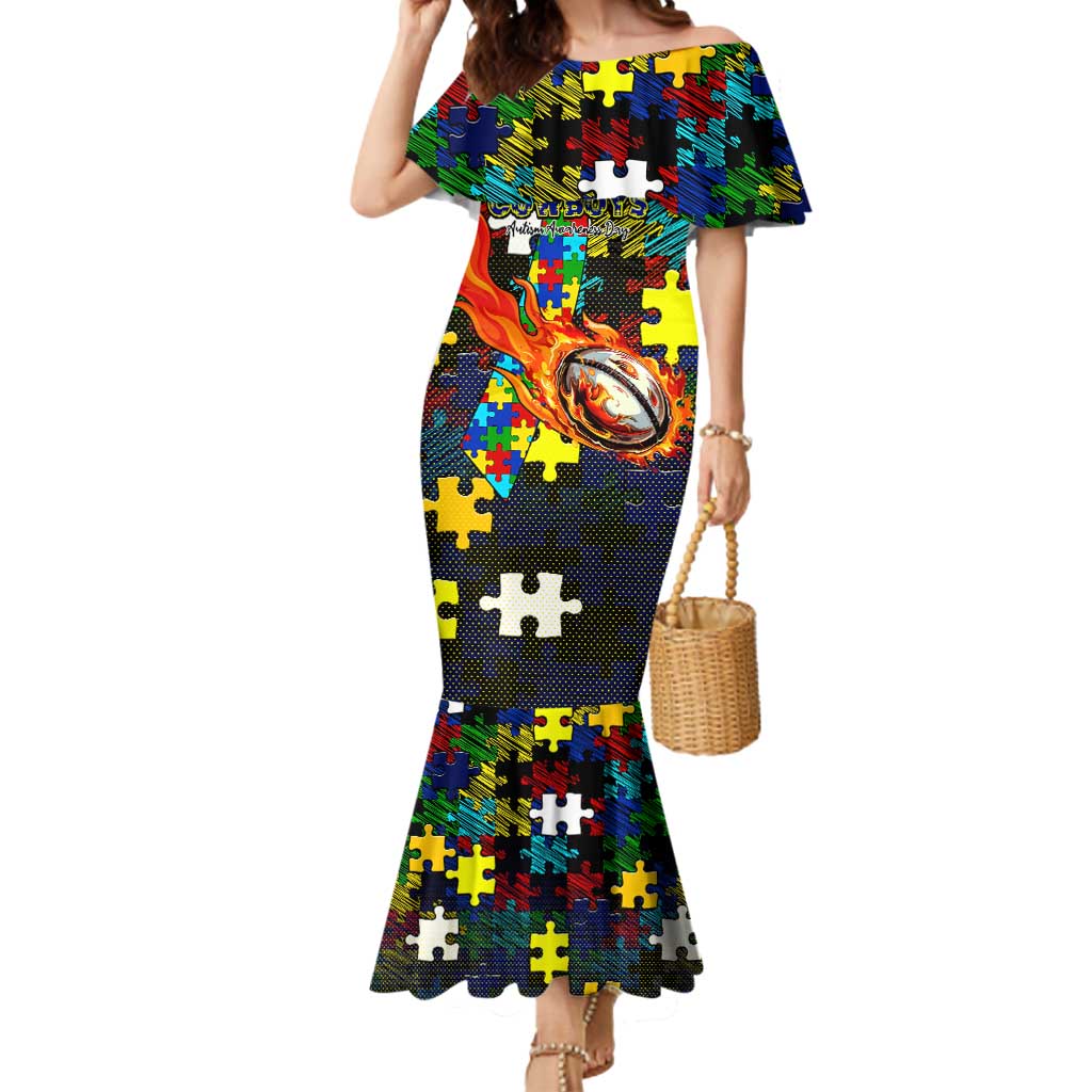 Cowboys Autism Awareness Mermaid Dress Puzzle Flames Rugby Ball