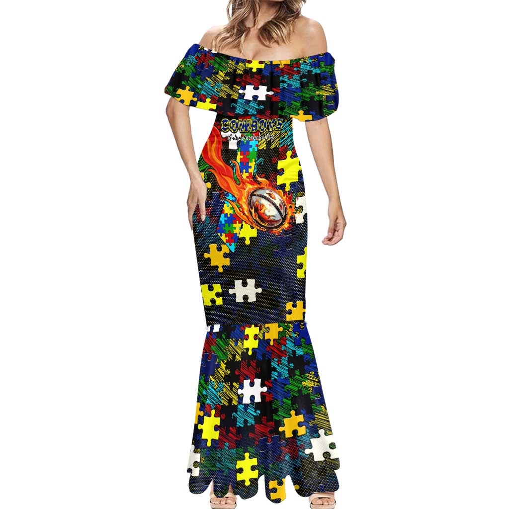 Cowboys Autism Awareness Mermaid Dress Puzzle Flames Rugby Ball