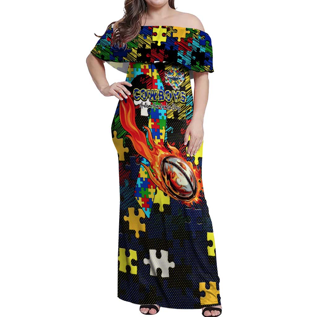Cowboys Autism Awareness Off Shoulder Maxi Dress Puzzle Flames Rugby Ball