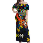 Cowboys Autism Awareness Off Shoulder Maxi Dress Puzzle Flames Rugby Ball