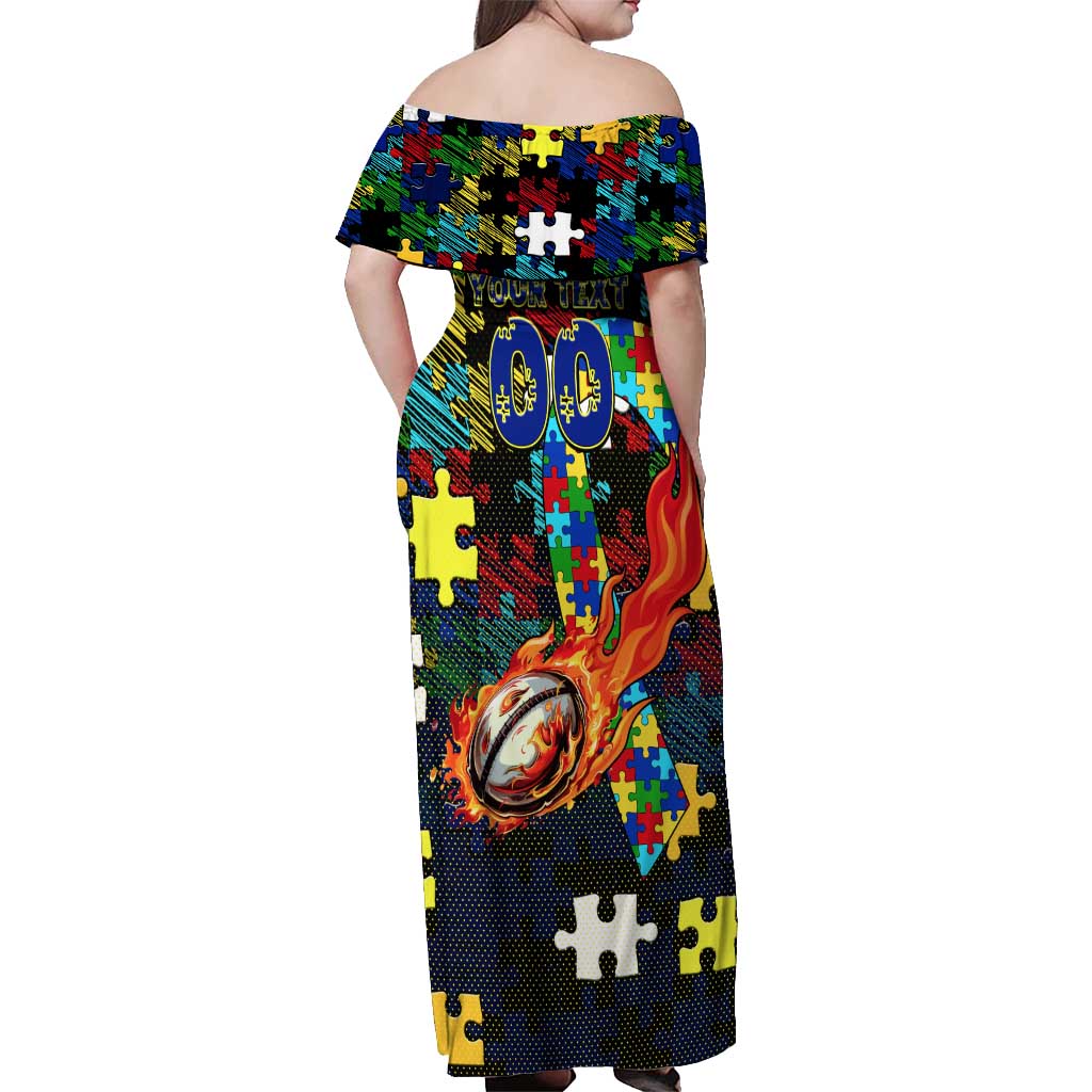 Cowboys Autism Awareness Off Shoulder Maxi Dress Puzzle Flames Rugby Ball