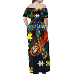 Cowboys Autism Awareness Off Shoulder Maxi Dress Puzzle Flames Rugby Ball