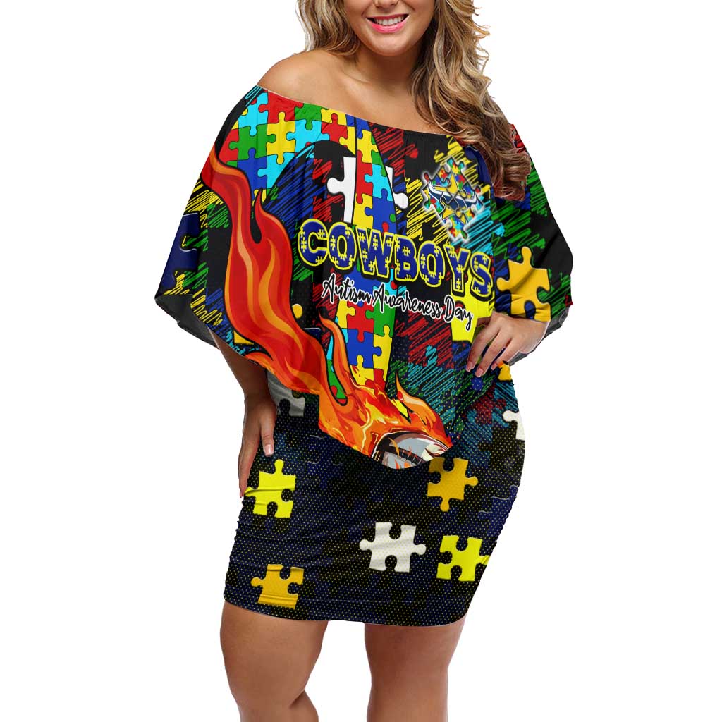 Cowboys Autism Awareness Off Shoulder Short Dress Puzzle Flames Rugby Ball