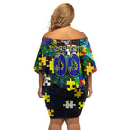 Cowboys Autism Awareness Off Shoulder Short Dress Puzzle Flames Rugby Ball