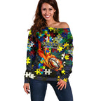 Cowboys Autism Awareness Off Shoulder Sweater Puzzle Flames Rugby Ball