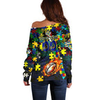 Cowboys Autism Awareness Off Shoulder Sweater Puzzle Flames Rugby Ball