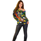 Cowboys Autism Awareness Off Shoulder Sweater Puzzle Flames Rugby Ball