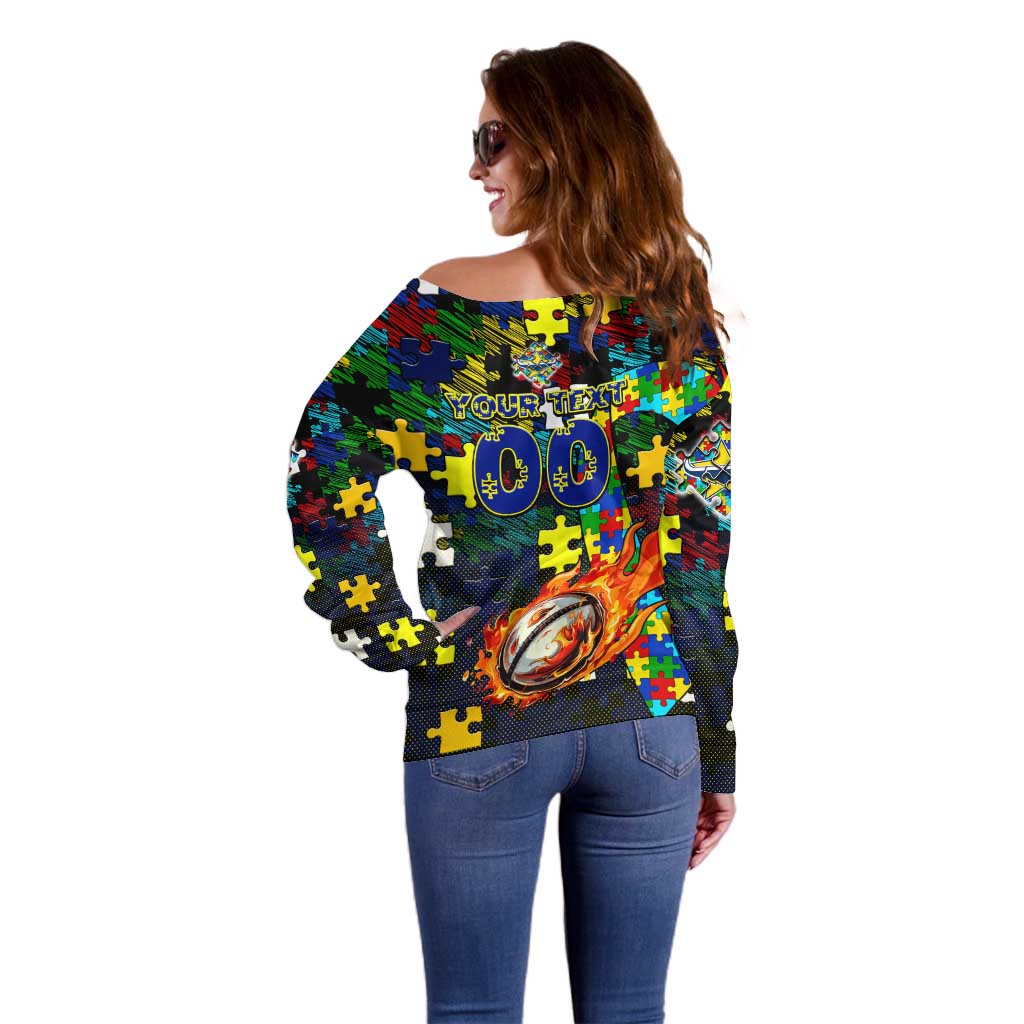 Cowboys Autism Awareness Off Shoulder Sweater Puzzle Flames Rugby Ball