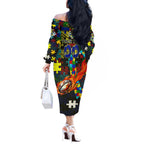 Cowboys Autism Awareness Off The Shoulder Long Sleeve Dress Puzzle Flames Rugby Ball