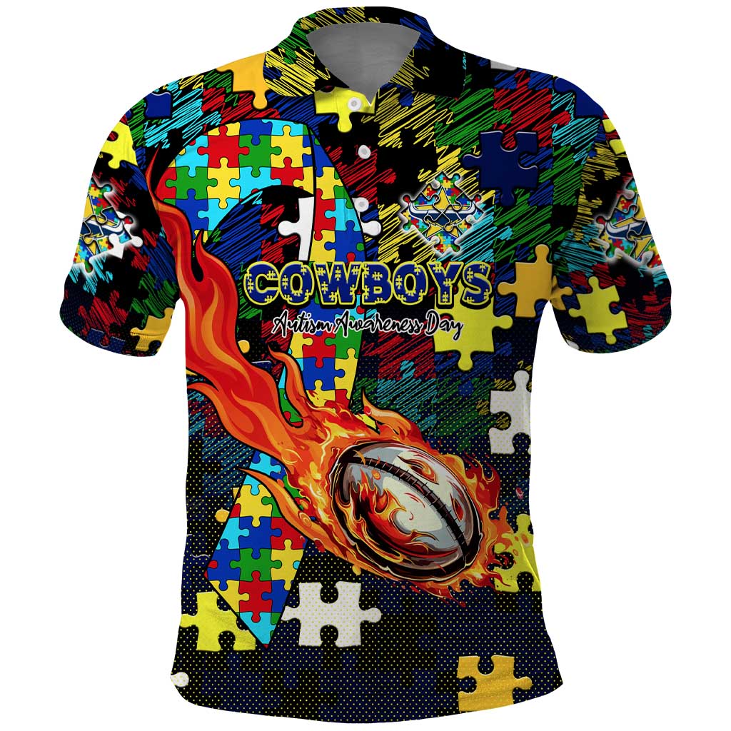 Cowboys Autism Awareness Polo Shirt Puzzle Flames Rugby Ball