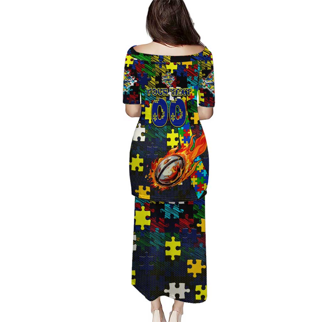 Cowboys Autism Awareness Puletasi Puzzle Flames Rugby Ball