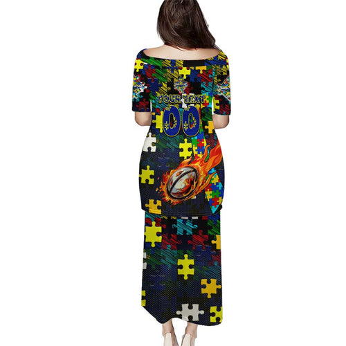 Cowboys Autism Awareness Puletasi Puzzle Flames Rugby Ball