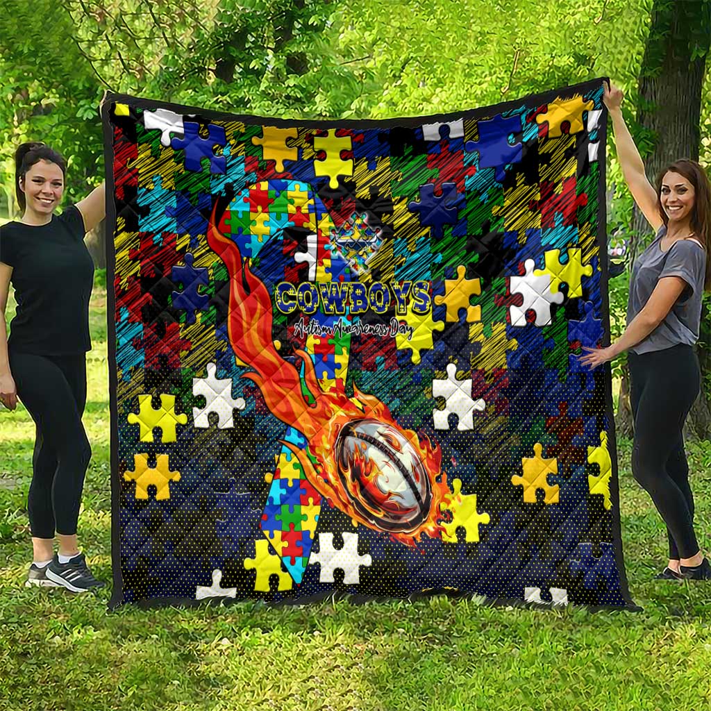Cowboys Autism Awareness Quilt Puzzle Flames Rugby Ball