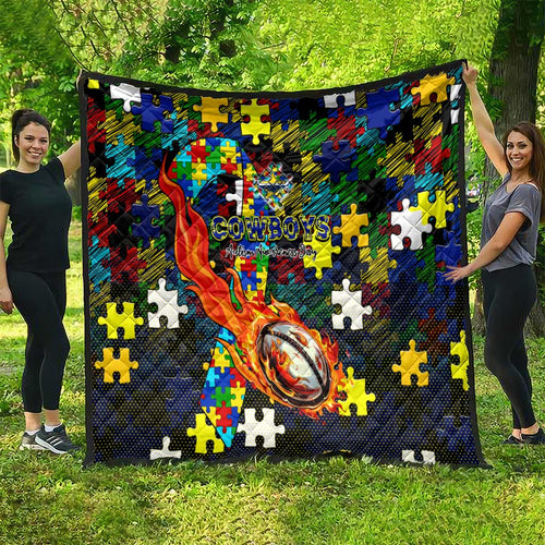 Cowboys Autism Awareness Quilt Puzzle Flames Rugby Ball