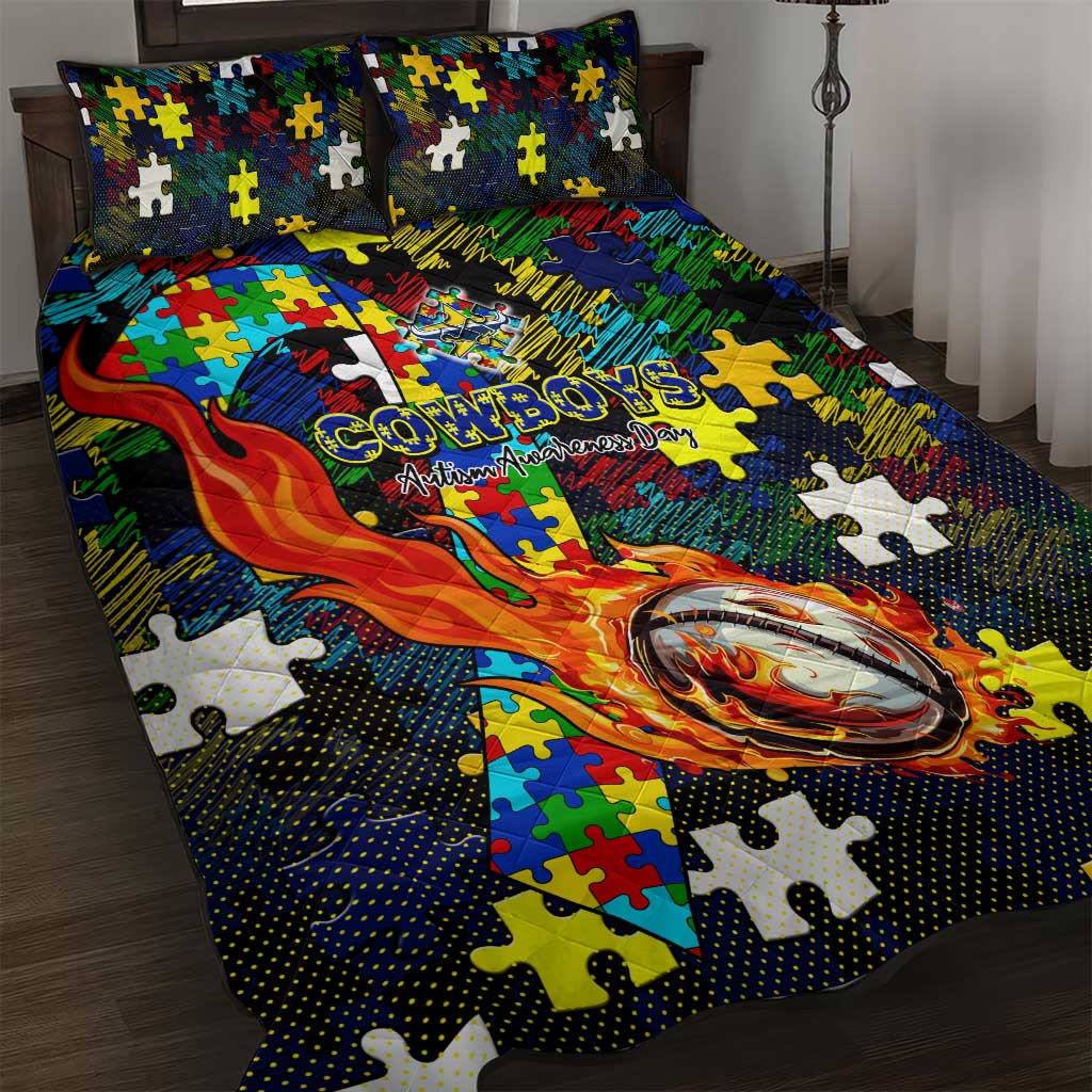 Cowboys Autism Awareness Quilt Bed Set Puzzle Flames Rugby Ball