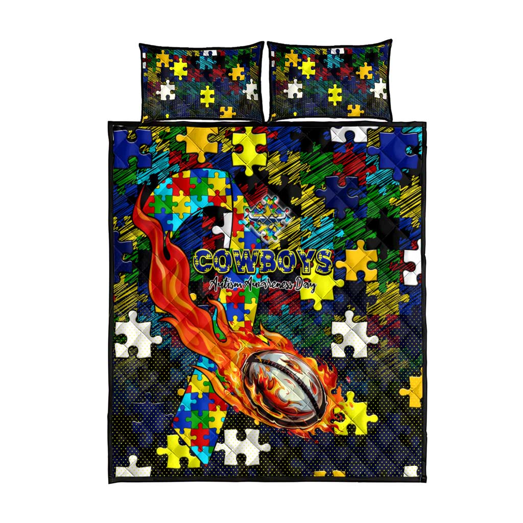 Cowboys Autism Awareness Quilt Bed Set Puzzle Flames Rugby Ball