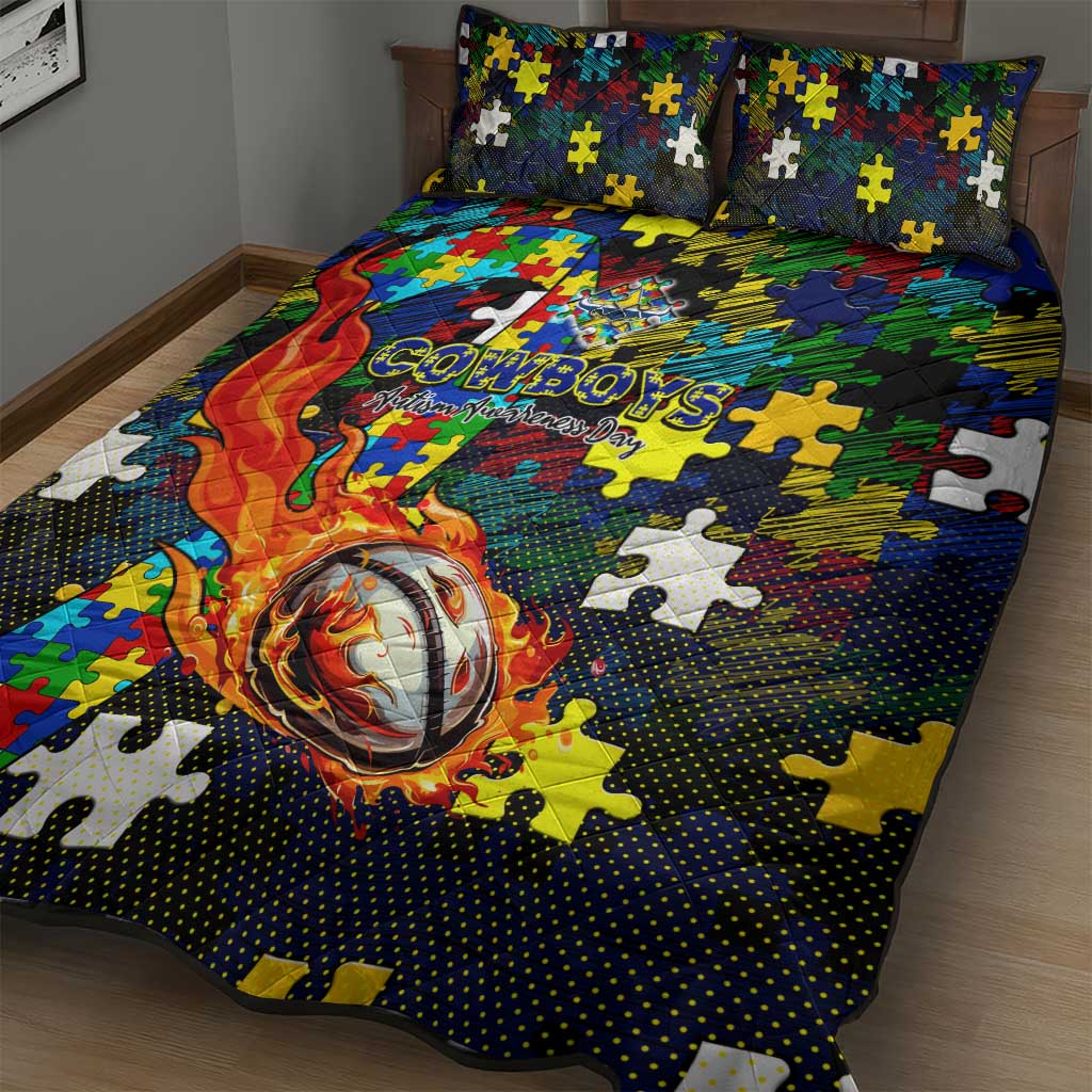 Cowboys Autism Awareness Quilt Bed Set Puzzle Flames Rugby Ball