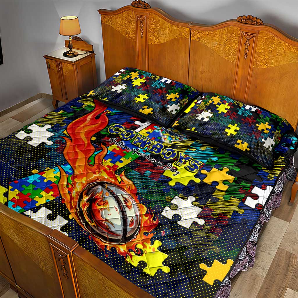 Cowboys Autism Awareness Quilt Bed Set Puzzle Flames Rugby Ball