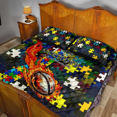 Cowboys Autism Awareness Quilt Bed Set Puzzle Flames Rugby Ball