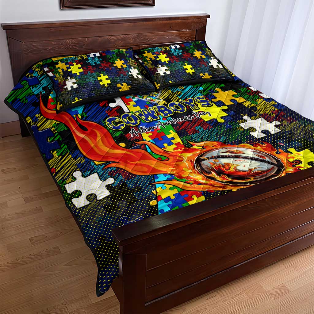 Cowboys Autism Awareness Quilt Bed Set Puzzle Flames Rugby Ball