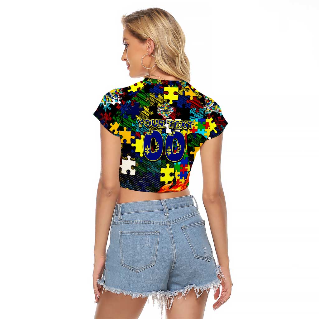 Cowboys Autism Awareness Raglan Cropped T Shirt Puzzle Flames Rugby Ball