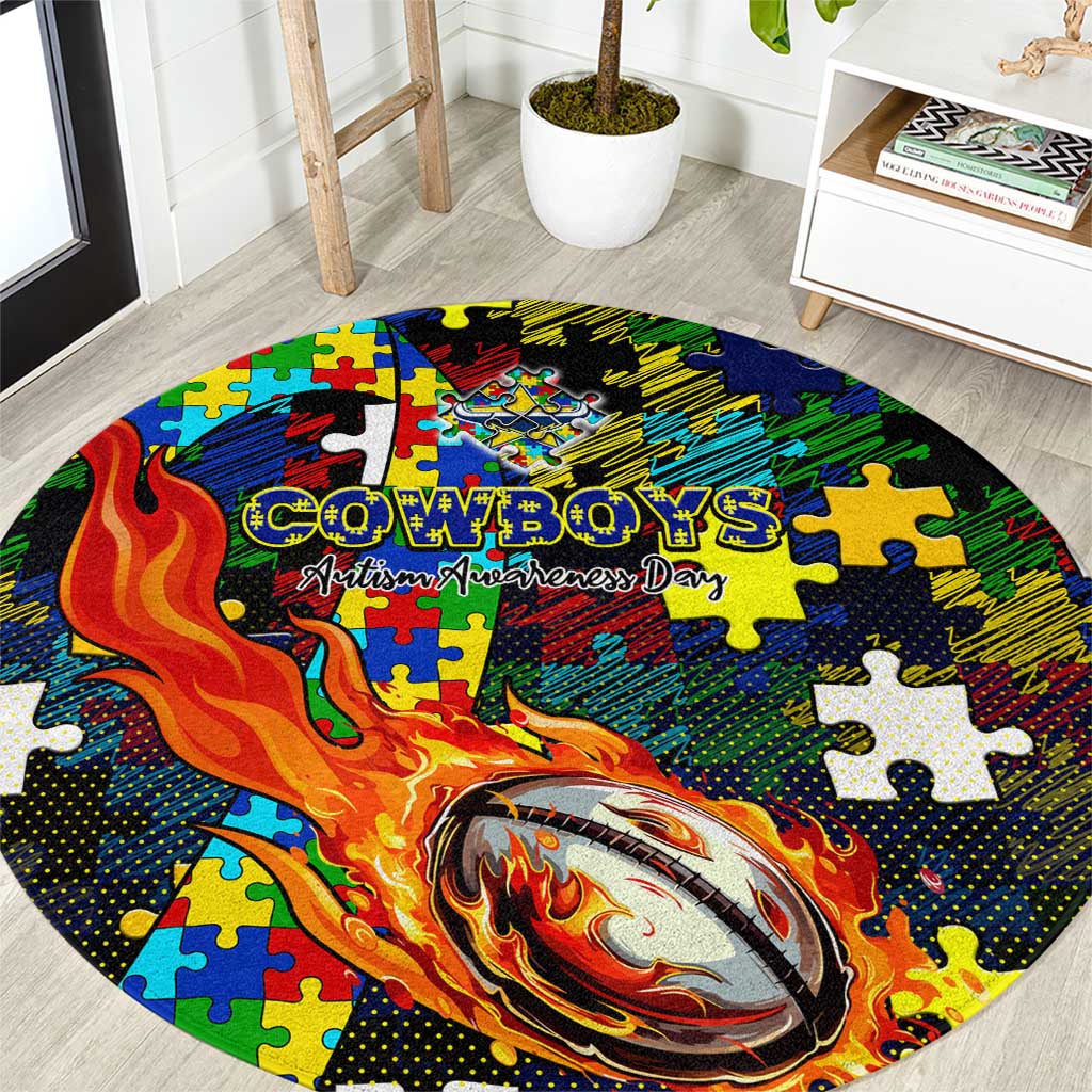 Cowboys Autism Awareness Round Carpet Puzzle Flames Rugby Ball