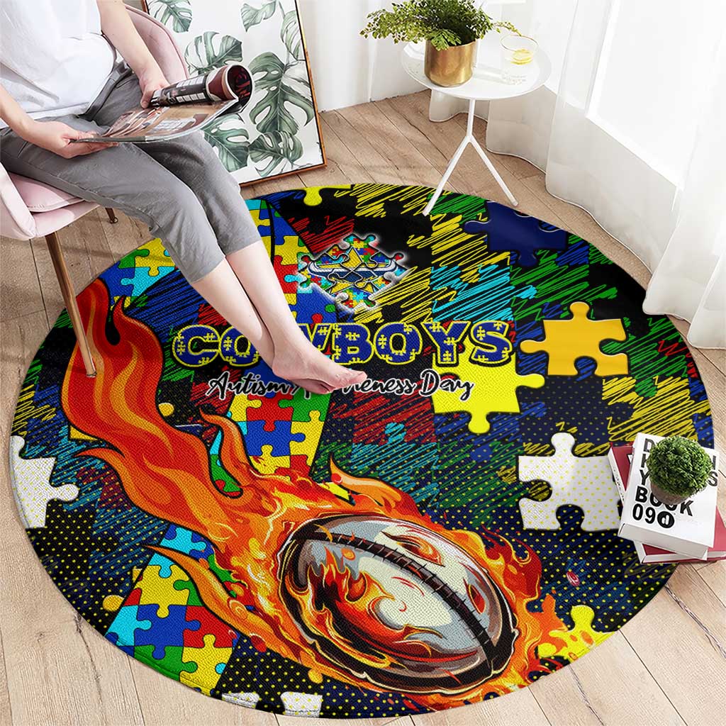 Cowboys Autism Awareness Round Carpet Puzzle Flames Rugby Ball