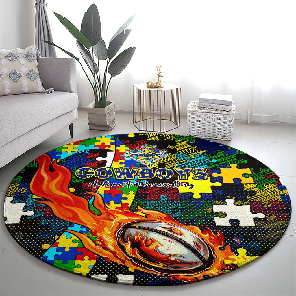 Cowboys Autism Awareness Round Carpet Puzzle Flames Rugby Ball