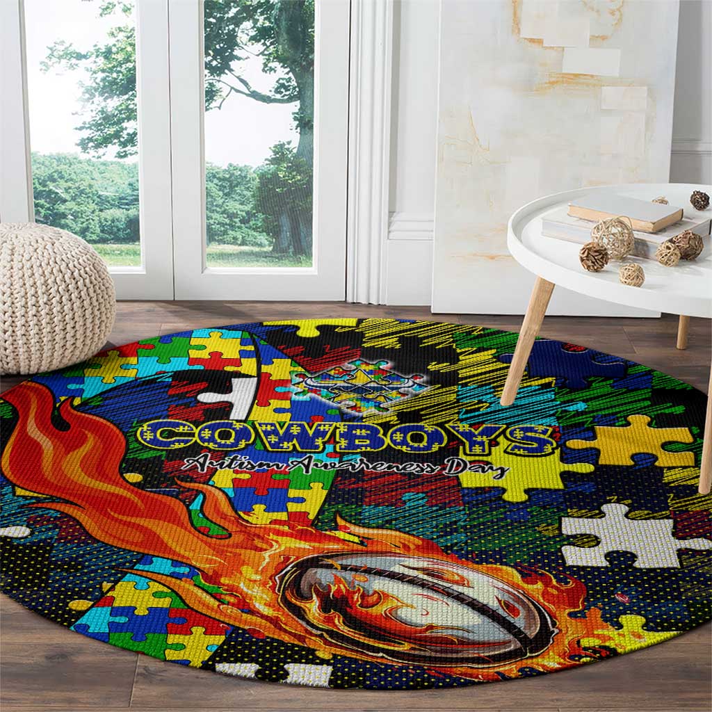 Cowboys Autism Awareness Round Carpet Puzzle Flames Rugby Ball