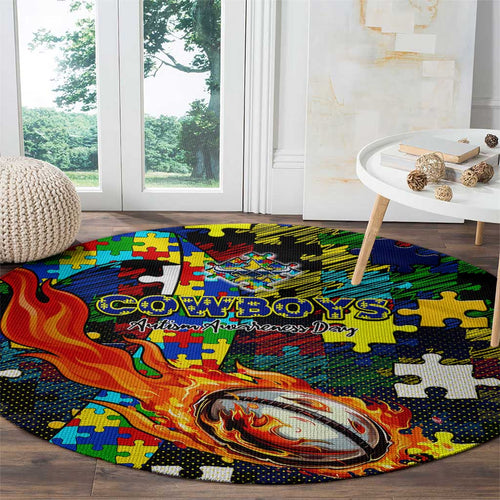 Cowboys Autism Awareness Round Carpet Puzzle Flames Rugby Ball