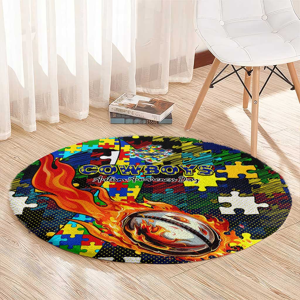 Cowboys Autism Awareness Round Carpet Puzzle Flames Rugby Ball