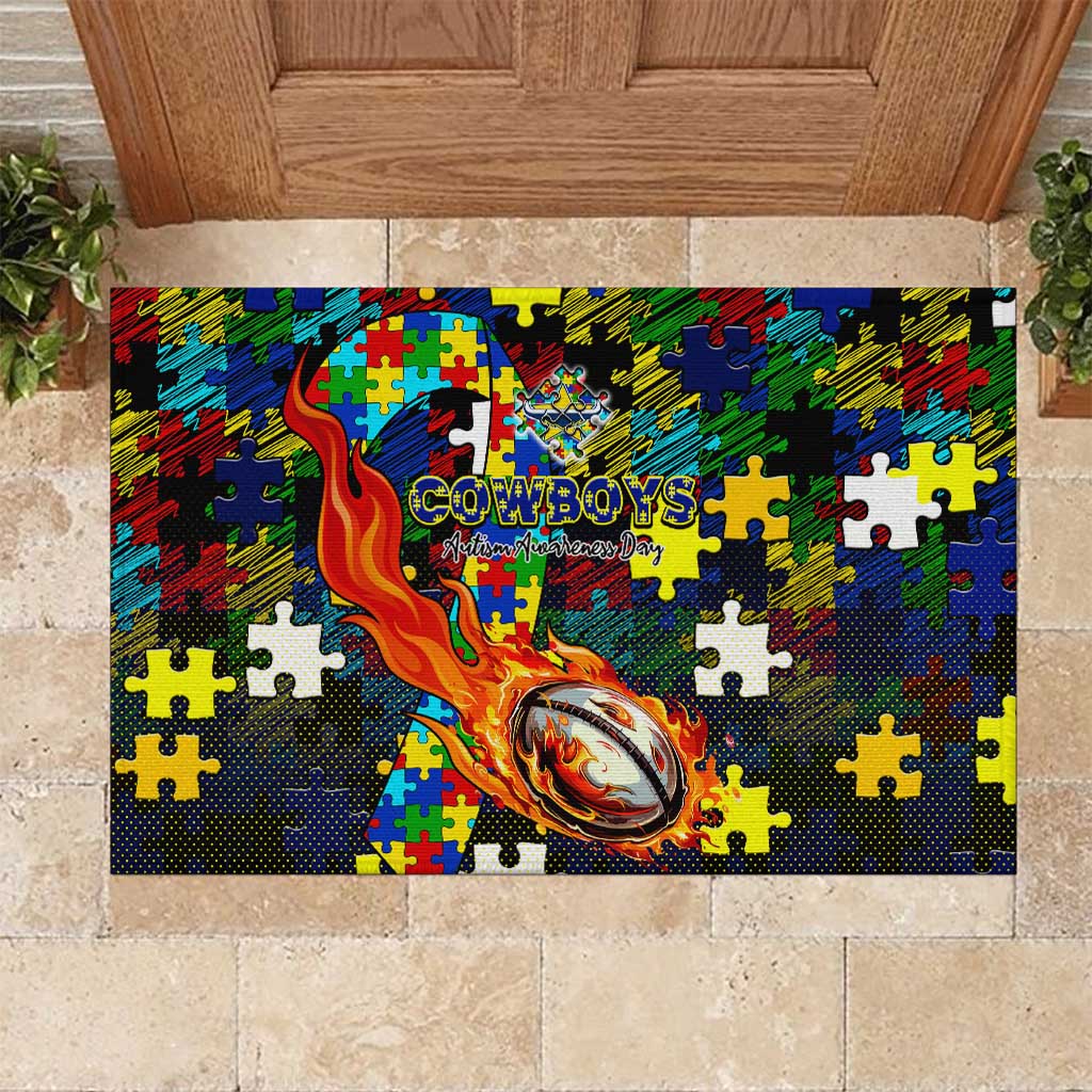 Cowboys Autism Awareness Rubber Doormat Puzzle Flames Rugby Ball