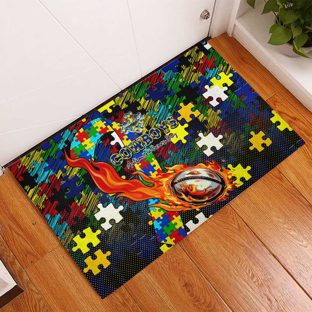 Cowboys Autism Awareness Rubber Doormat Puzzle Flames Rugby Ball