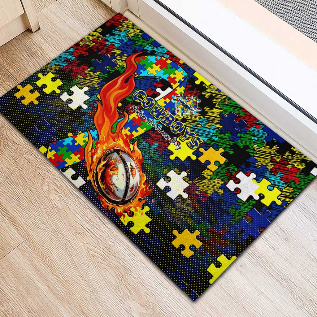 Cowboys Autism Awareness Rubber Doormat Puzzle Flames Rugby Ball