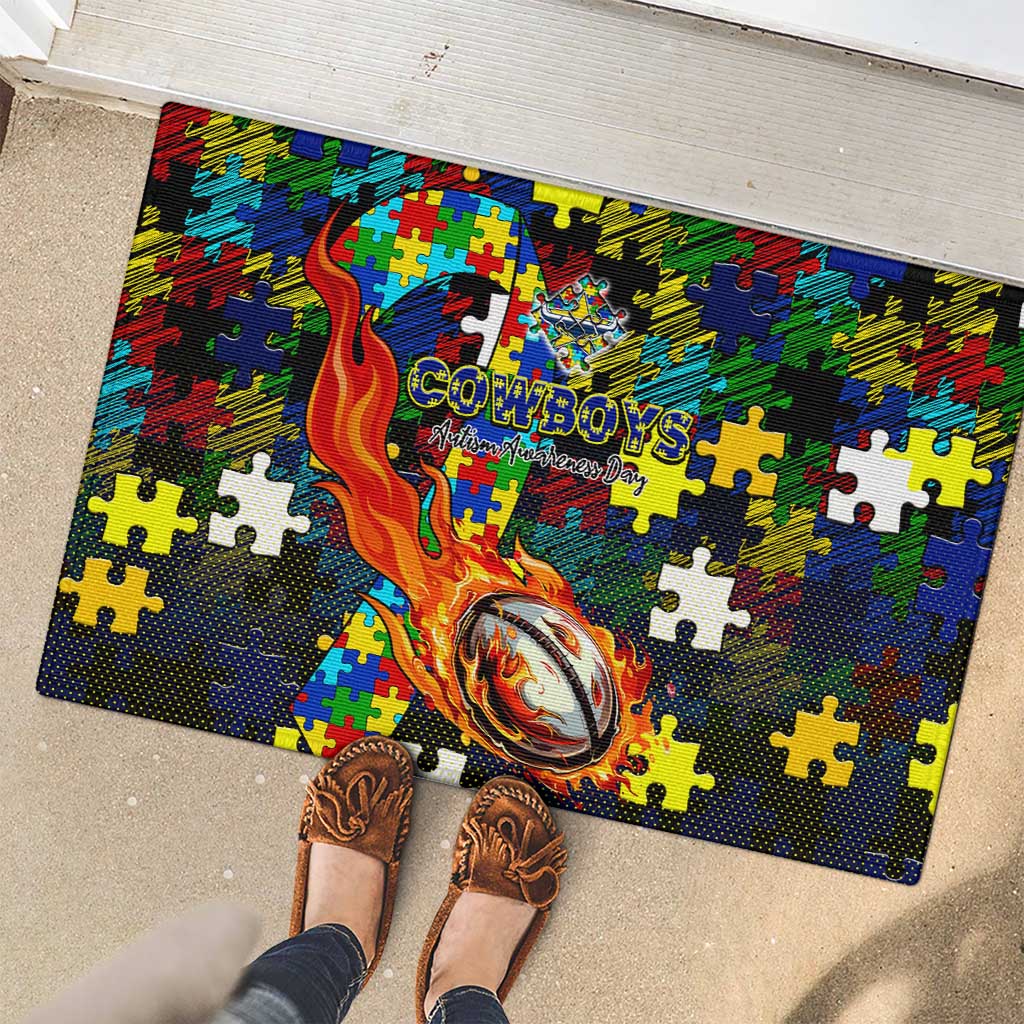 Cowboys Autism Awareness Rubber Doormat Puzzle Flames Rugby Ball